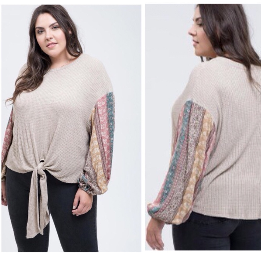 $ FIRM 🌷Plus Size Oatmeal Contrast Sleeve